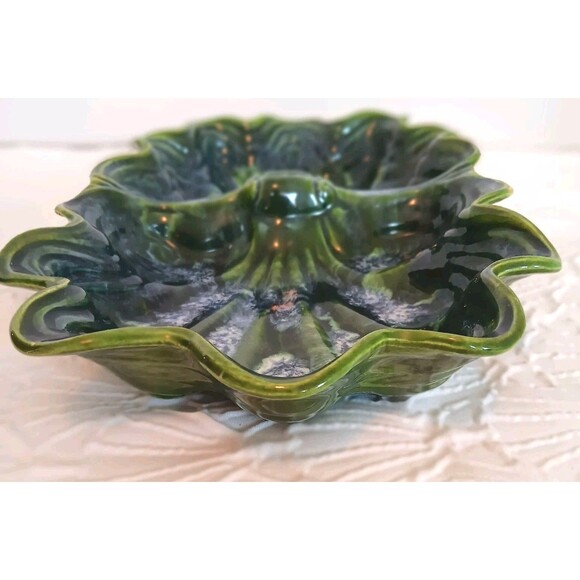 Vintage MCM  Cali Pottery Divided Leaf Dish CALIF. USA 30 Green Drip Glaze - Picture 8 of 13